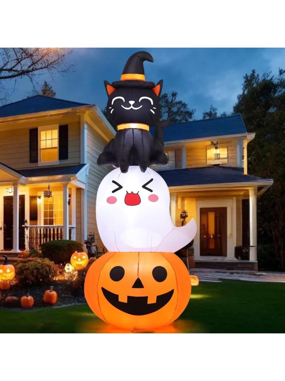 6FT Halloween Inflatable Pumpkin Ghost Cat Combo - LED Outdoor Yard Decor